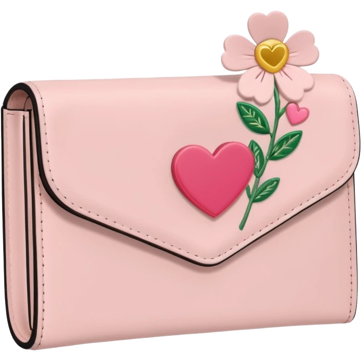 Pale Pink cute Wallet with heart charm, credit cards inside and flowers growing embroidered on it, clean aesthetic, letter R charm on it emoji