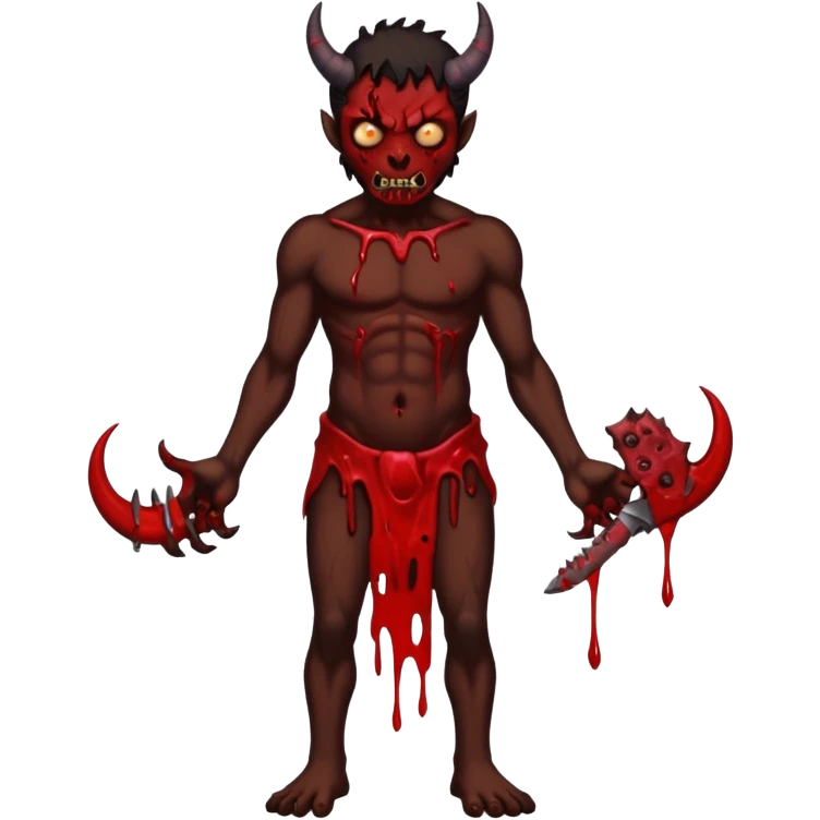 A demon covered in blood and guts whose been shot in the head and body, in the style of your bleeding skull art. Dark gritty and menacing art style. full body emoji
