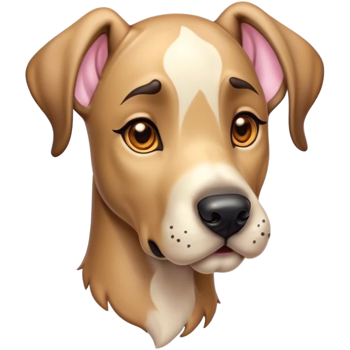 Cinematic Cute Fawn Great Dane Portrait Emoji, Head tilted playfully and inquisitively, showcasing a glossy fawn Fur with a subtle luster, round, sparkling amber eyes filled with curiosity, Simplified yet irresistibly adorable features, highly detailed, glowing with a warm, friendly glow, high shine, affectionate and gentle, stylized with a touch of whimsy, bright and endearing, soft glowing outline, capturing the essence of a mischievous yet loving pup, so playful it feels like it could lumber out of the screen and into your arms! emoji