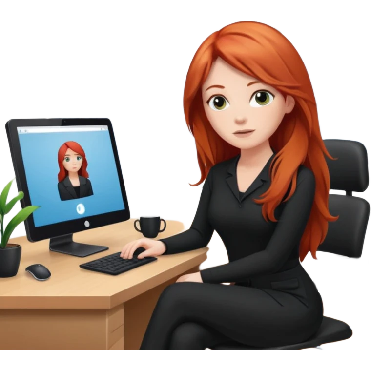Video call therapy session: red-haired therapist with long hair wearing black minimalist clothing, seated in a professional home office, looking at the webcam; calm, modern teletherapy setting emoji