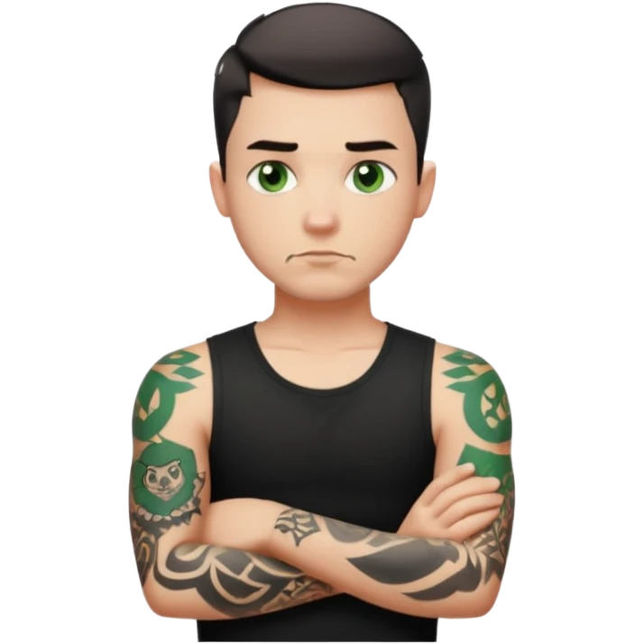 White young man with short black taper fade hair cut and slight goatee and neutral expression with his arms folded. Green eyes and black arm tattoos emoji