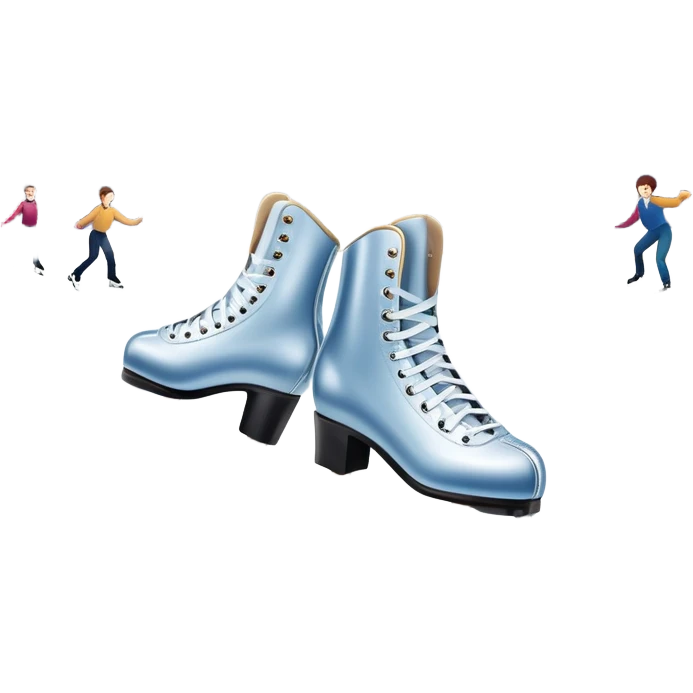 An icon showing elegant figure skates in close-up on a glossy ice surface, with a graceful skater performing in the background. The scene is set inside a grand indoor ice arena with spotlights, decorative banners, and a cheering audience. Transparent background. emoji