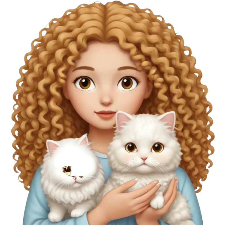 lightskin girl with frizzy curly hair, clean girl makeup, holding a white Persian cat emoji