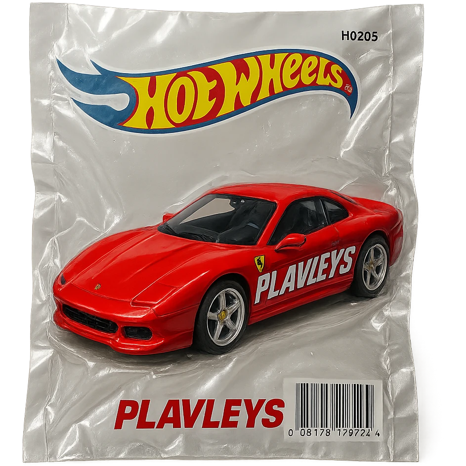 Hot Wheels packaging with a red Ferrari featuring bold racing-style 'PLAVLEYS' text on the car, shiny and inflated, vacuum-sealed style emoji