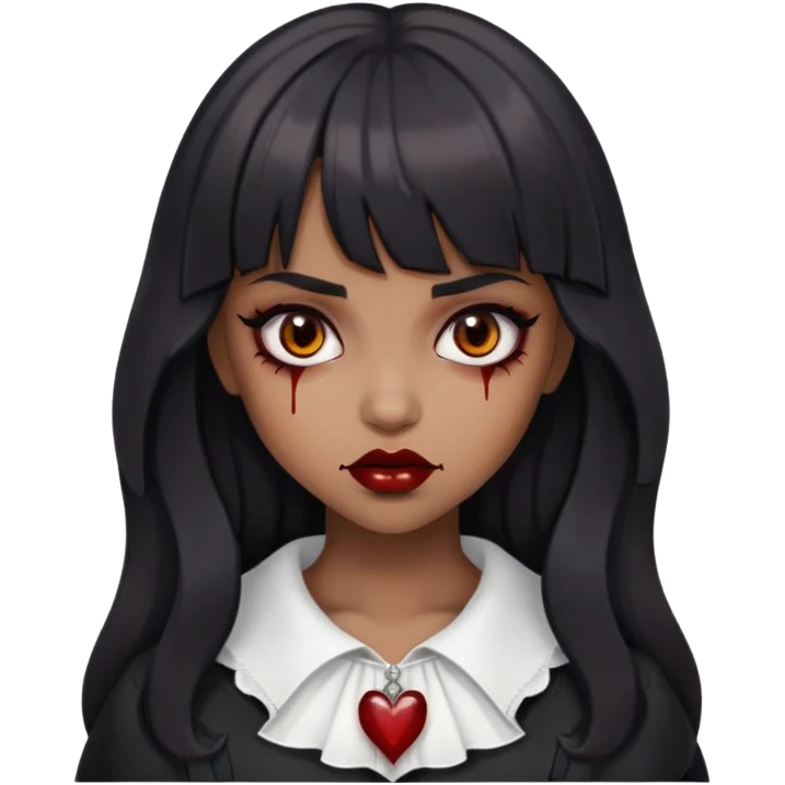Brown girl but not too dark, super black hair, wavy hair and straight bangs, brown eyes, vampiric or gothic appearance, a little blood only on the lips  emoji