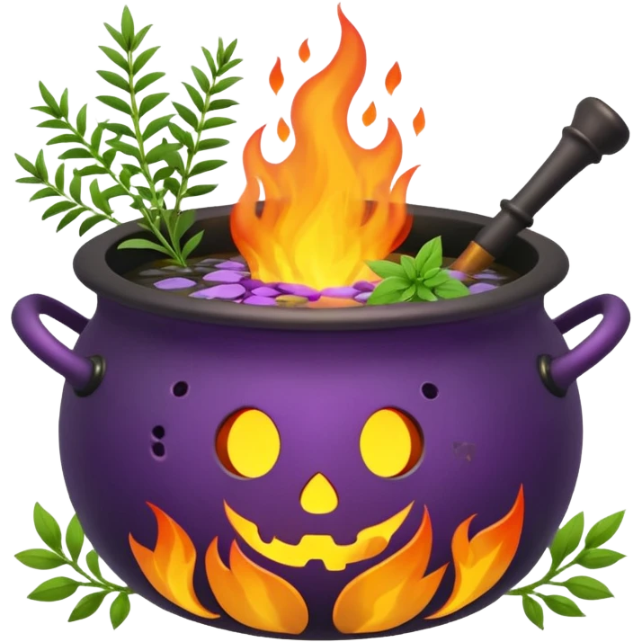 Cauldron with herbs, flowers and fire emoji