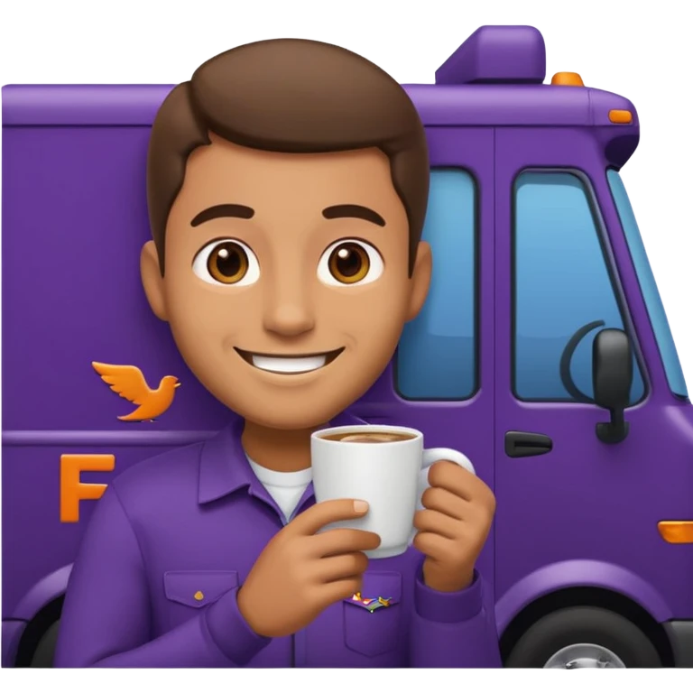 emoji of FedEx delivery man is sipping coffe while sitting in the FedEx truck emoji