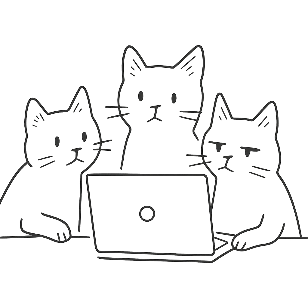 three cats at a computer, hand-drawn outline style emoji