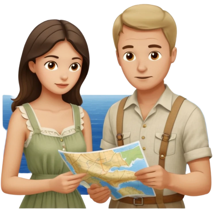 Russian man and elegant Spanish girl in costal outfits with a map planning  emoji