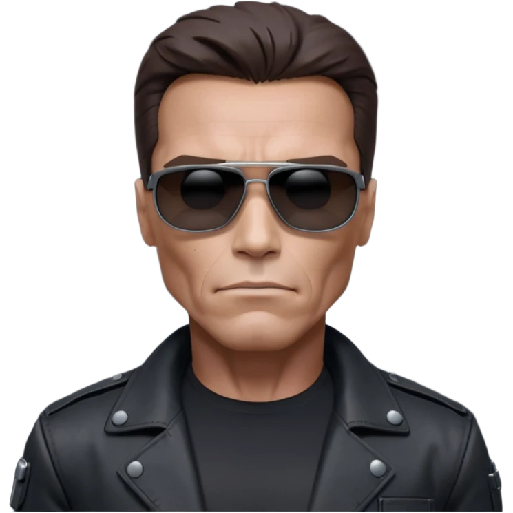 Schwarzenegger-like Terminator, upper body only, wearing his iconic clothes in black (all clothes must be black), looking more human with minimal robotic details, and wearing dark sunglasses, hair must be dark emoji