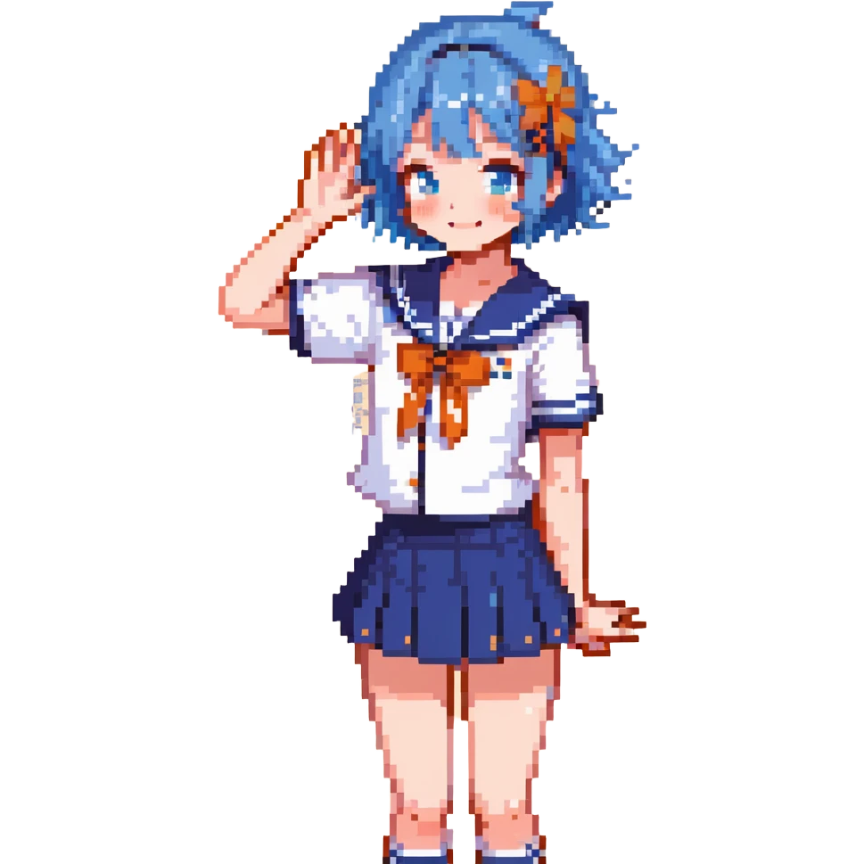 Pixel art anime girl with short bright blue hair wearing Japanese sailor style school uniform, composed posture with hand on hip but shyly waving with other hand, blushing face and timid smile, very shy expression emoji