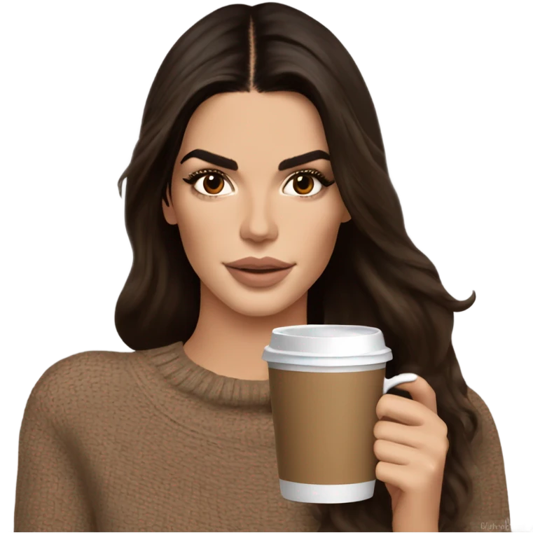 brunette Kendall Jenner with long and brown hair her eyes brown and sipping coffee Her hair is wavy and shiny With brown sweater just one  emoji