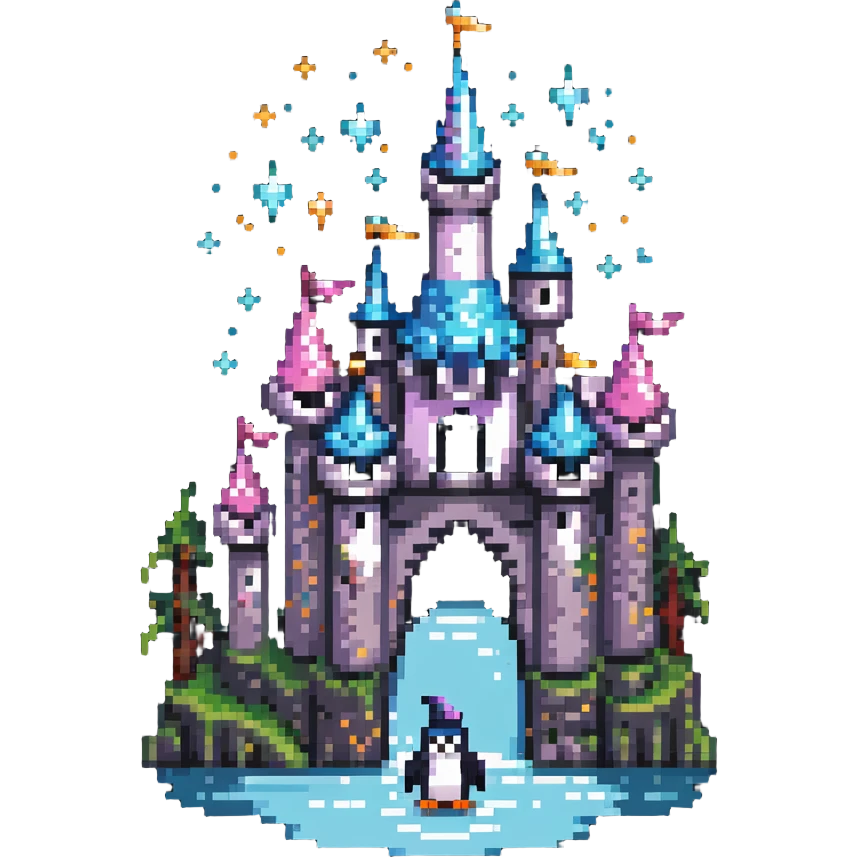 penguin wizard with magical sparkles, a unicorn, fairy, and tiny goblin companion in a pixelated fantasy world with a floating castle emoji