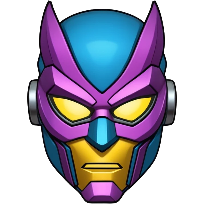 "Stylized sticker of a mechanical superhero mask, urban graffiti style, sharp edges, neon light accents, thick contour lines, high contrast, matte finish, isolated on white." emoji