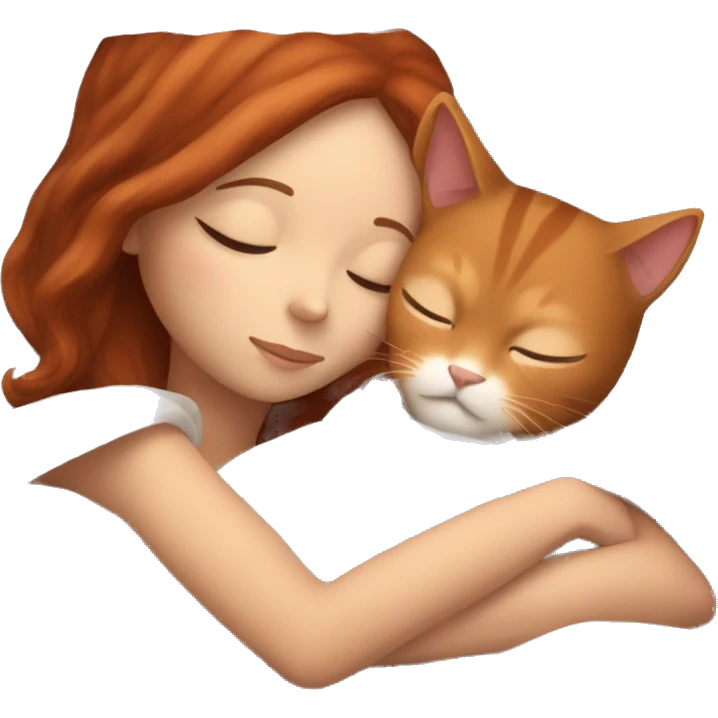 A white girl with brown hair sleeps with a red cat in a blanket emoji