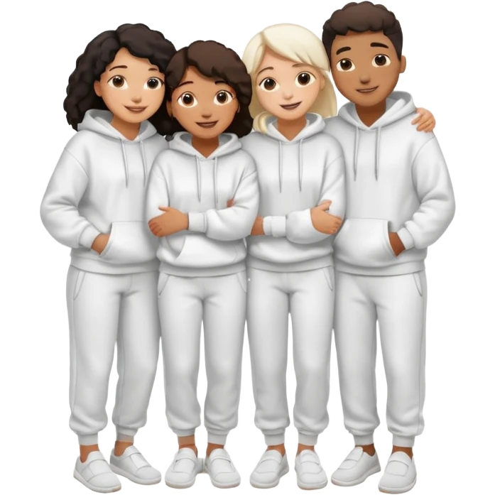 four mixed race friends all wearing white oversized hoodies, white sweatpants, and white slides huddled together hugging emoji