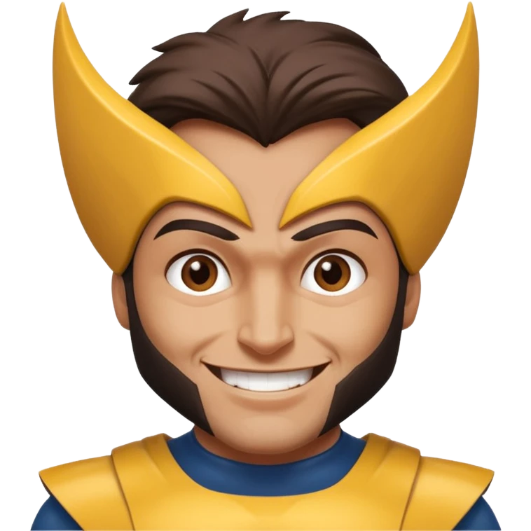 Make a person with brown eyes wearing a wolverine costume and laughing emoji