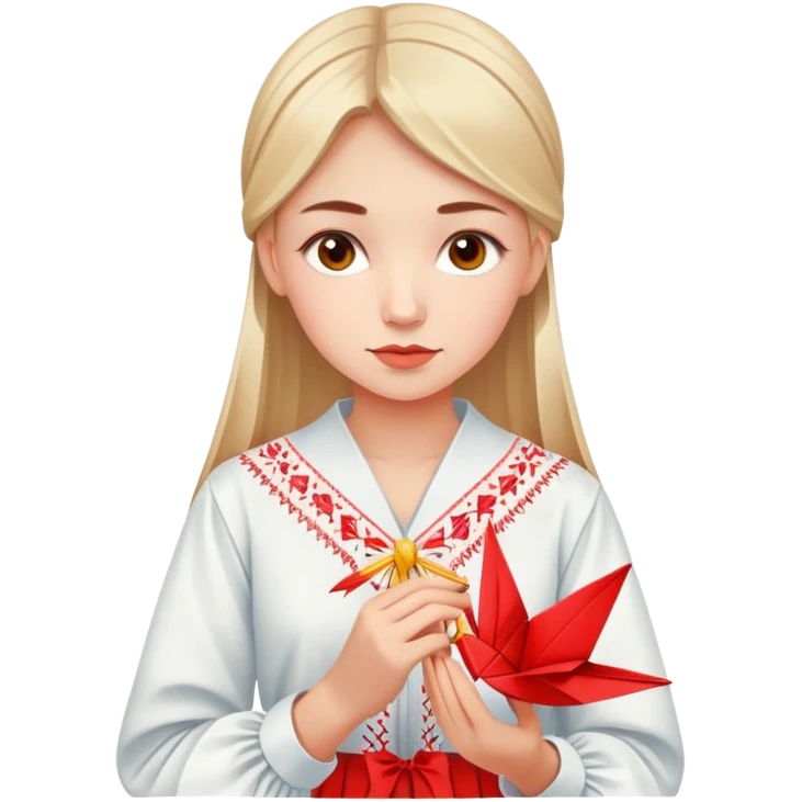 Ukrainian young girl in traditional embroidered vyshyvanka shirt holding a red origami paper crane emoji