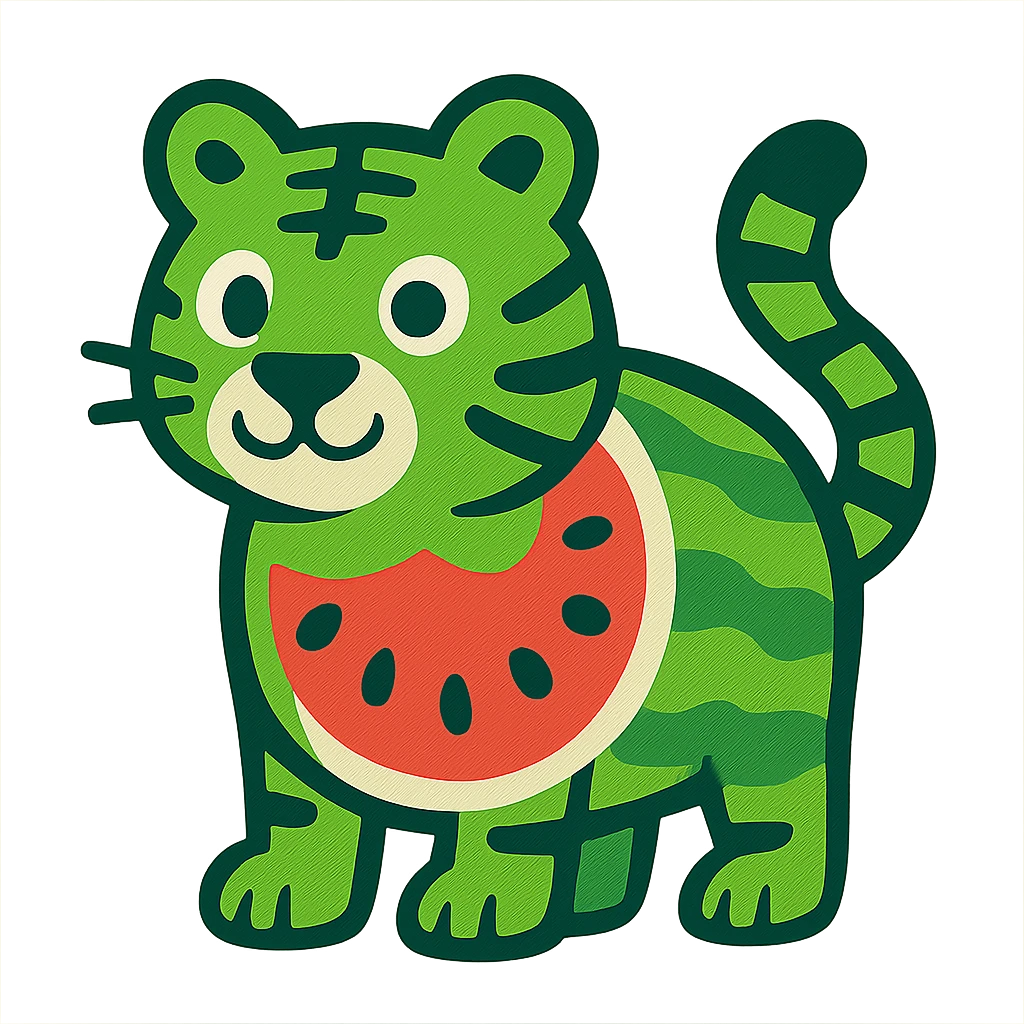 vibrant toon style green tiger with watermelon body emoji