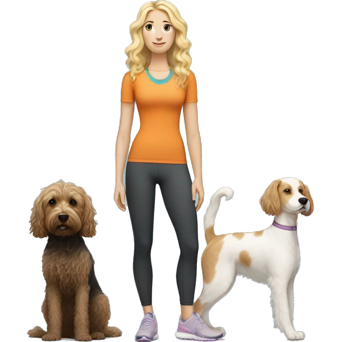 white woman with long blonde hair and cat shaped eyes wearing a yoga outfit standing alongside a tri-colored bernadoodle dog emoji