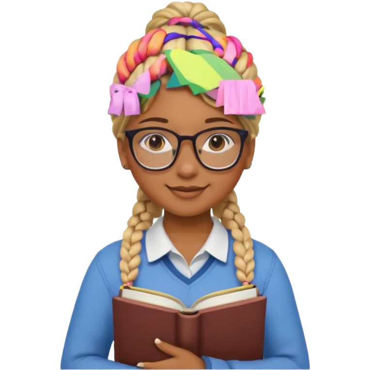 A student, girl, brown skin, braid blonde hair, wearing glasses, hold book in front of their chest emoji