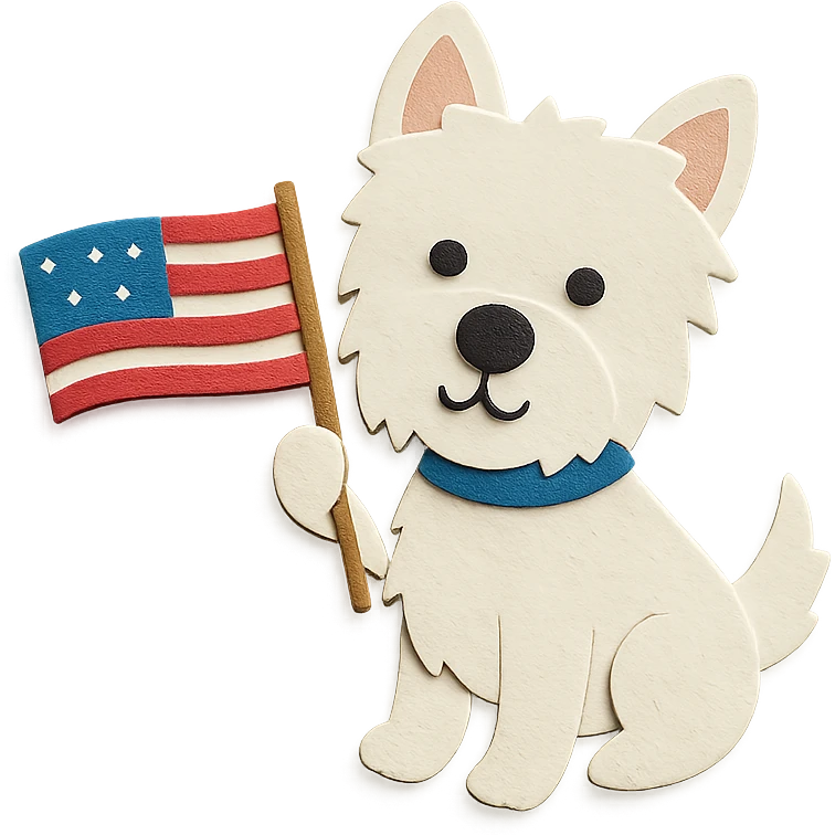 West Highland White Terrier (Westie) holding and waving an American flag, paper craft style emoji