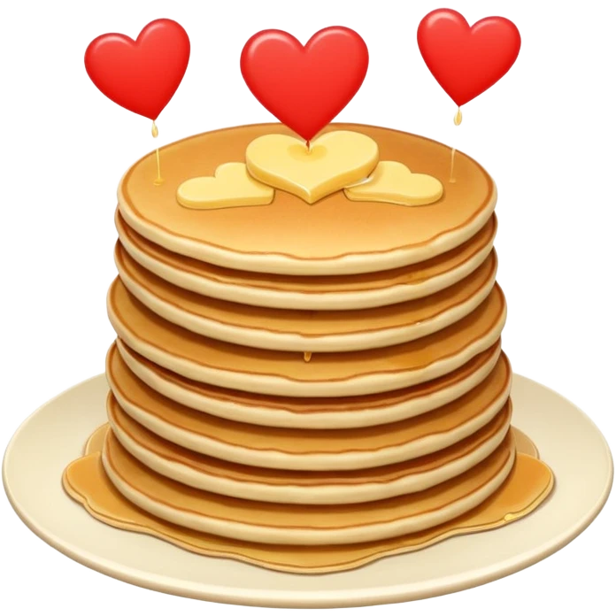 8 pancakes pilled up with butter on top and two little red hearts on the air emoji
