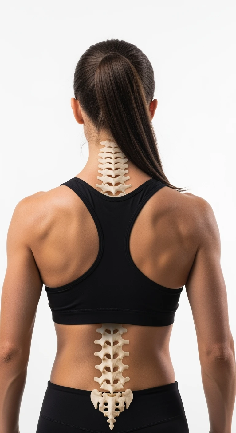 donna fitness di spalle con spina dorsale anatomica realistica in evidenza, sfondo bianco emoji
