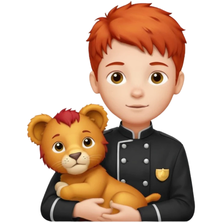 boy kid italian chef, red haired, uniform, holding plush lion emoji