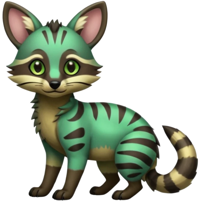 Cute adorable kawai Shiny Green Colorful Dusky Dark Gloomy Glossy Aardwolf-Genet-Bobcat-fusion-animal-hybrid-creature, full body emoji