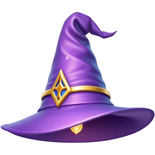 Clash of Clans aesthetic: Cinematic Playful Wizard's Hat Emoji, rendered in a 3D vector-style similar to standard emojis with minimal shading and bold, simplified shapes. A compact, isometric pointy hat with a wide brim adorned with mystical symbols and subtle enchanted shimmer, softly glowing with a magical whimsical charm. Simplified yet unmistakably iconic, highly detailed and consistent, glowing with a soft radiant glow and high shine. Stylized with a touch of classic sorcery and a soft glowing outline, capturing the essence of a legendary wizard’s hat with a friendly, playful manner! emoji
