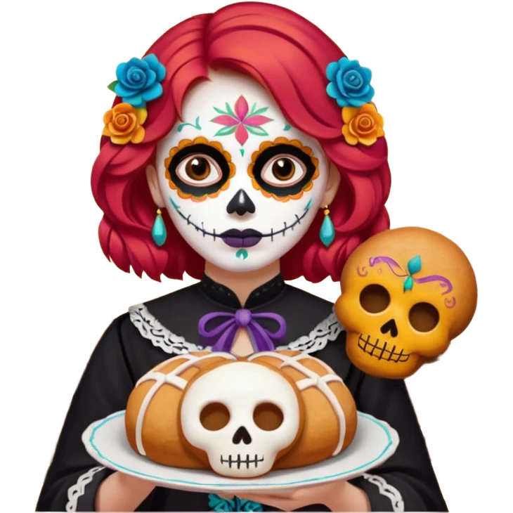 Día de muertos cabello rojo pan de muerto papel picado emoji