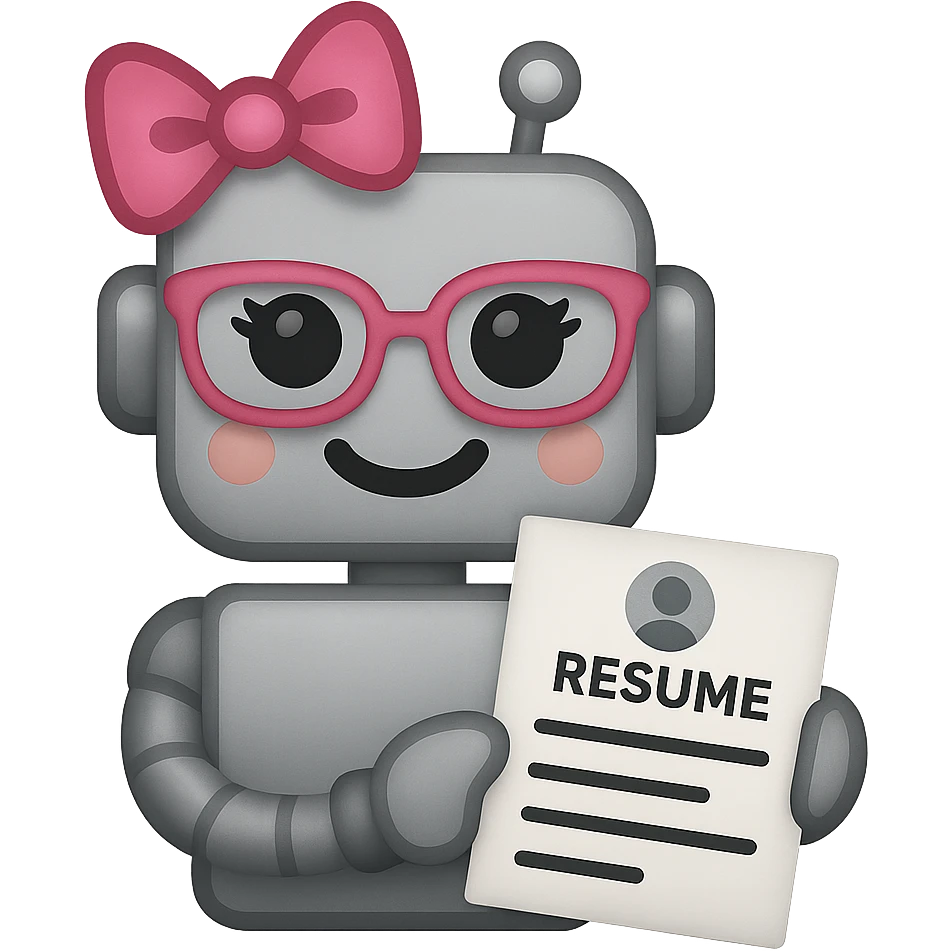 Make the recruiter robot emoji even cuter and more feminine with different hairstyles and accessories like bows or glasses. Style should be apple style, flat, and metallic. The robot is smiling and holding a resume. Transparent background. emoji