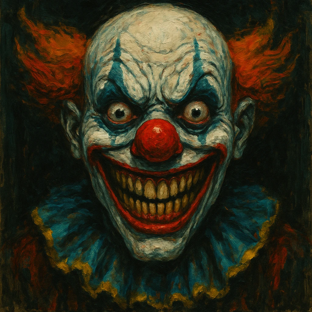 scary happy face, clown-like, exaggerated smile, creepy vibe, bold colors, unsettling and creepy expression emoji