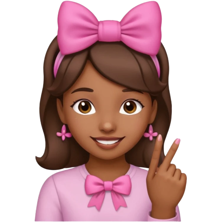Chica morena sonriendo con un lazo rosa en la cabeza y mordiendose la punta del dedo indice con delicadeza emoji