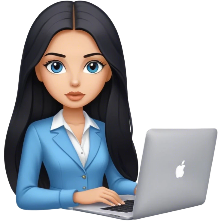 Glamours tanned very beautiful girl with pump peach nude lips and black straight smooth long hair, blue-grey eyes in beautiful clothing with MacBook emoji