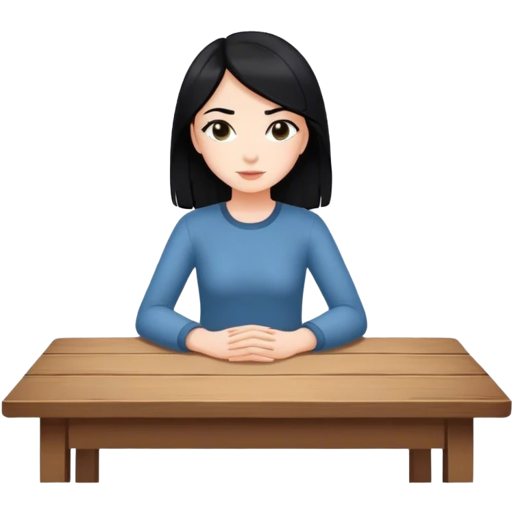 white girl black hair sitting at table with hands flat emoji