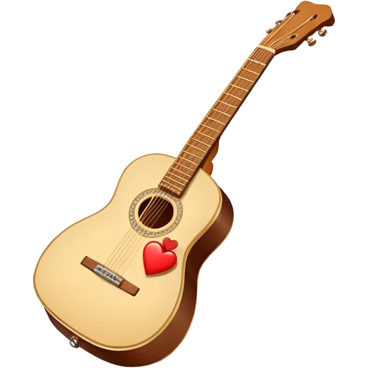 “Flat vector icon of a Cuban tres guitar in three-quarter view, warm brown, thick outline, centered on a warm cream or beige rounded-square (or circle); near the soundboard add a small red or pink heart with a soft glow and 2–3 tiny sparkles to suggest ‘soul’.  emoji