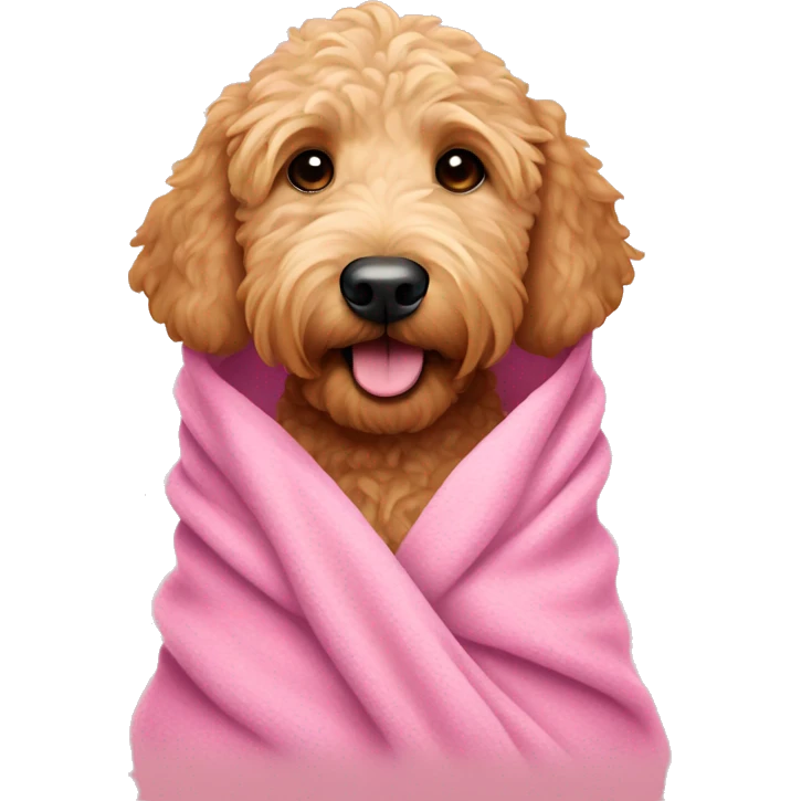 golden doodle wrapped in a pink blanket emoji