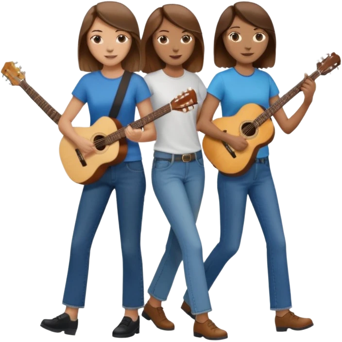 based on emoji style, like this "💁🏻‍♀️" "💁🏽‍♂️" "💁🏻", two people walking together. one is brown-haired woman, wearing business casual, holding a guitar. Another one is a non-binary person, wearing t shirt and jeans, and the second person doesn't have anything on their hands. emoji