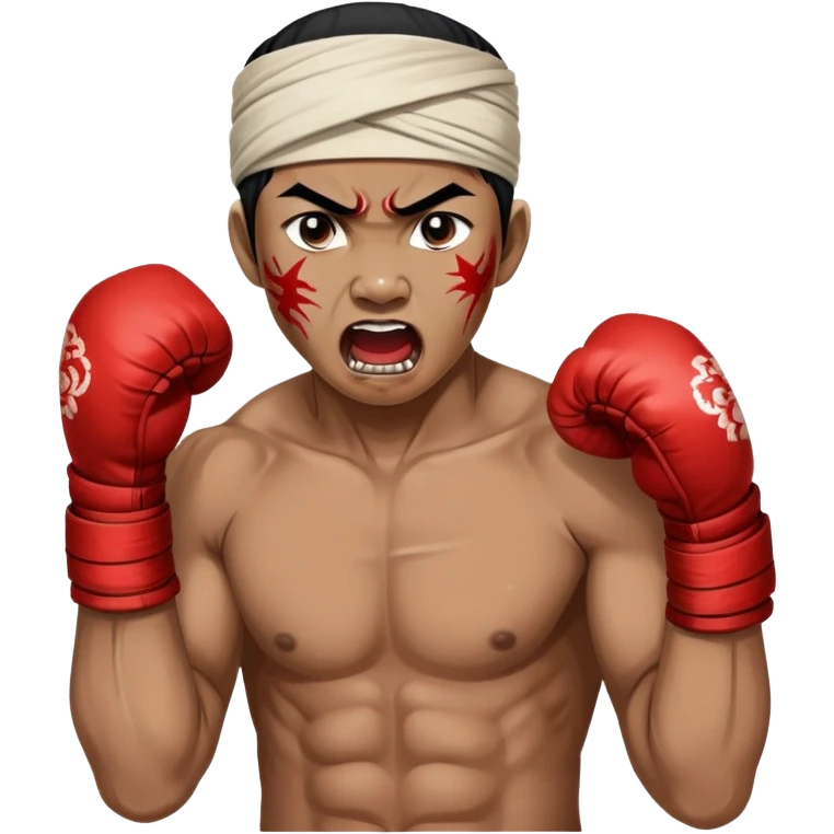 A traditional Lethwei fighter with wrapped bare fists and a traditional Burmese headband (gaung baung), shouting with fierce intensity, blood mark on glove, gritty and raw appearance, Burmese boxing emoji