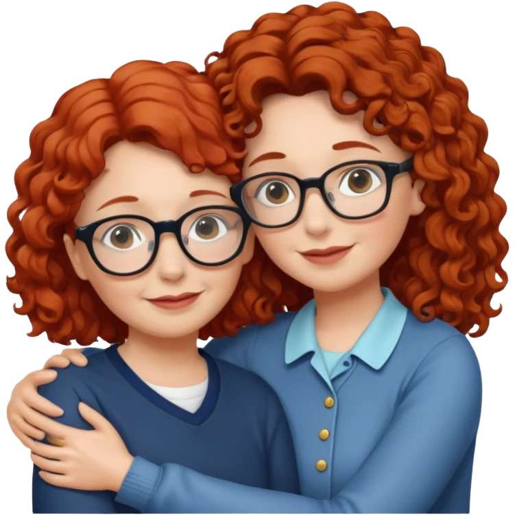 red short wavy haired 68 year old nana with 15 year old long curly hair girl with glasses hugging emoji