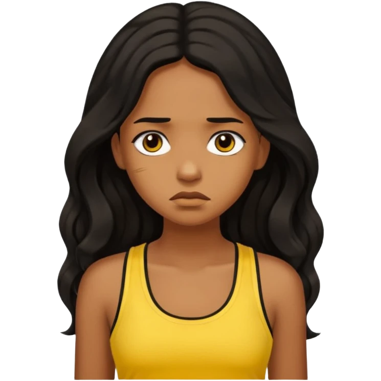 brown pretty bratz girl with long wavy black hair, wearing a yellow tank top. looking sad emoji