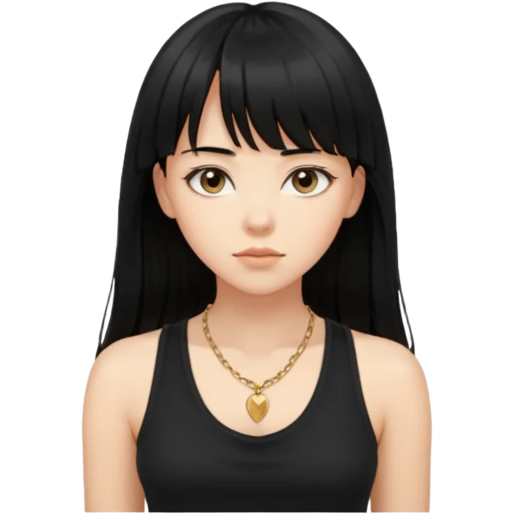 alrighht here’s just the person described for your emoji ai prompt:

> young woman, long black hair with bangs, soft expression, wearing a black tank top and gold necklace, confident pose, natural beauty, warm lighting on face, slightly tousled hair



lmk if u want it more detailed or stylized 🔥
 emoji