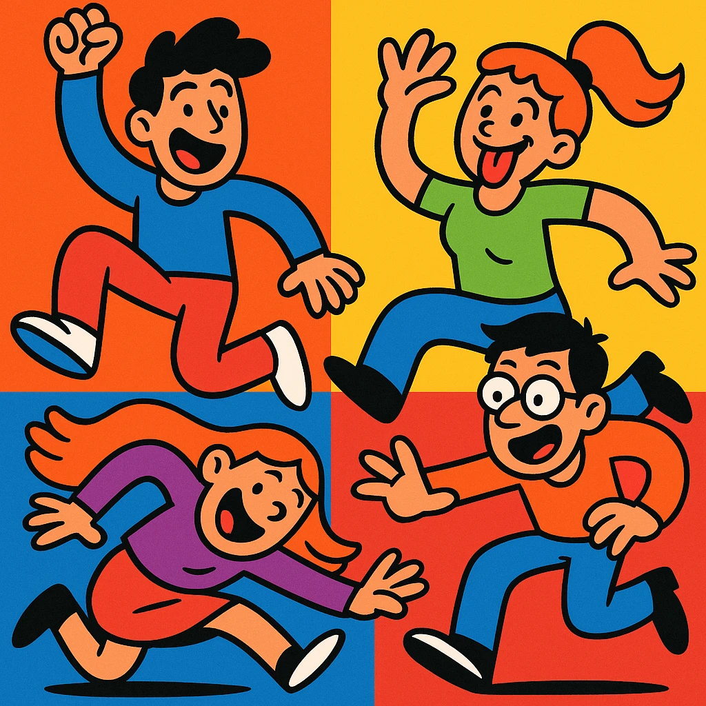 grupo de personas haciendo locuras, estilo cartoon divertido emoji