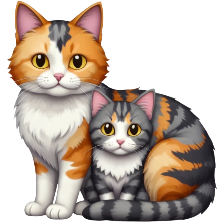 full body colourful light patched calico + white tabby cat cuddling a big dark grey and white tabby cat  emoji