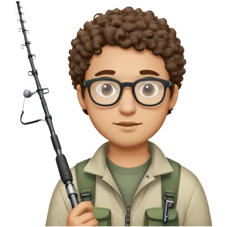 A young adult man with short curly brown hair, closely trimmed sides, round glasses, light beard, wearing fishing gear and holding a fishing rod. emoji