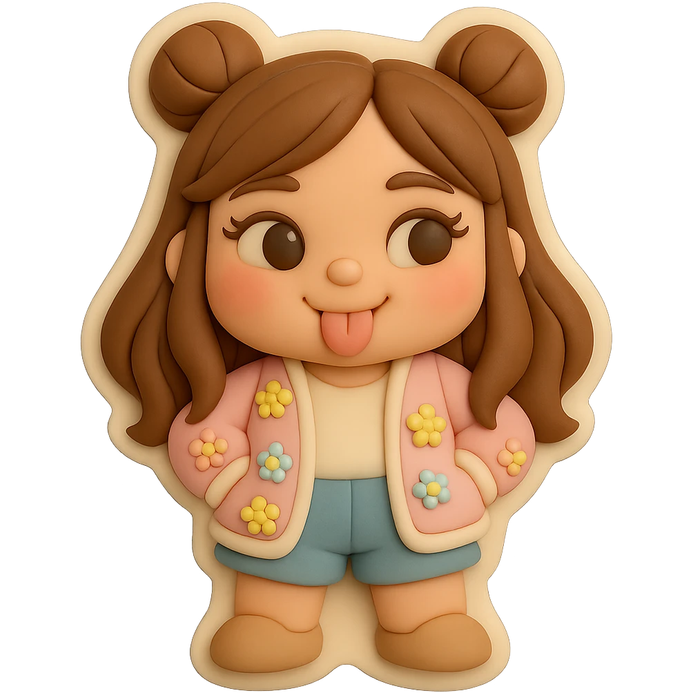 Create a 3D chibi fondant cake art style image of a girl based on the reference image. Preserve the facial features and eye shape exactly as in the reference. She has long brown hair styled in two space buns, brown eyes, and shoes. The girl is playfully sticking out her tongue with a kind, happy tease expression. She holds nothing in her hands. Include a thick white outline like a sticker and ensure the background is transparent. emoji