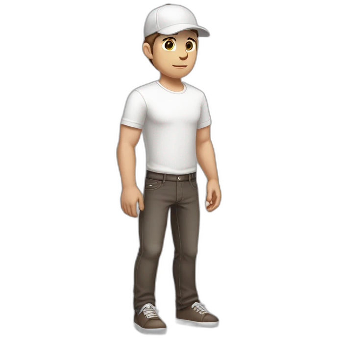 Pale skinned fit Man with dark brown hair in a light gray cap, dark brown jeans, brown polo and white T-shirt keeping a pasted with tape white box into his hands emoji