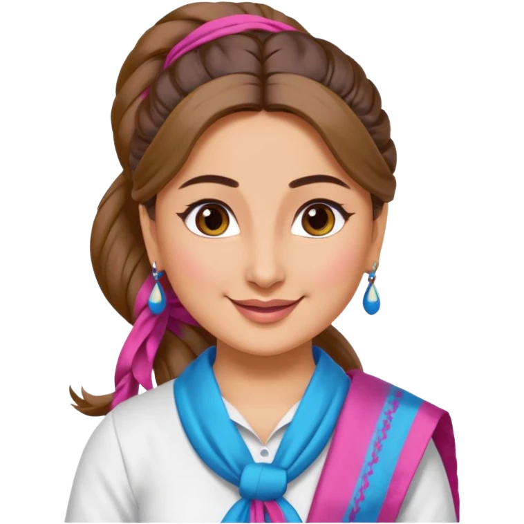 generate a pretty bratz emoji that looks like Kareena Kapoor's Geet character. 
Make her wear a white shirt with a colorful blue-pink dupatta wrapped around her neck. smiling big. hair tied into a side part ponytail

She should look like Kareena Kapoor emoji